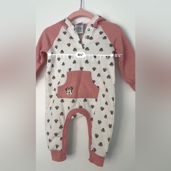 Disney Baby Minnie Mouse Ears Pink Bow Hoodie Footie 3-6M Cotton Blend One Piece - Picture 3 of 13